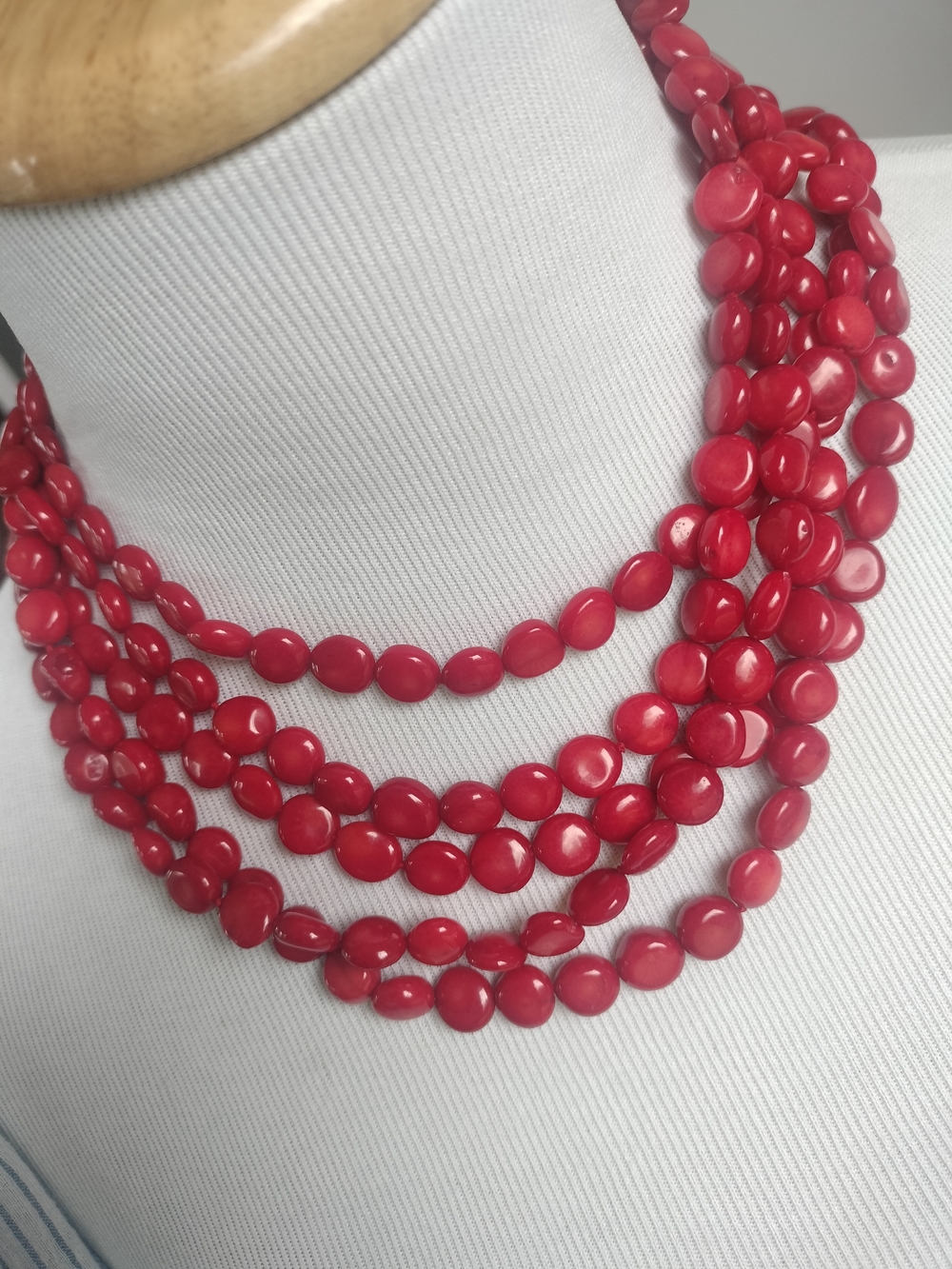 Red Coral Button 5 Strand 925 Clasp-LUC Brand Tag STUNNING Statement Necklace